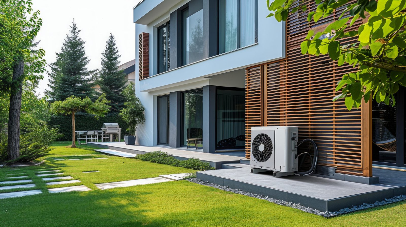 Eco-friendly air source heat pump installed on a contemporary house in a sunny green garden