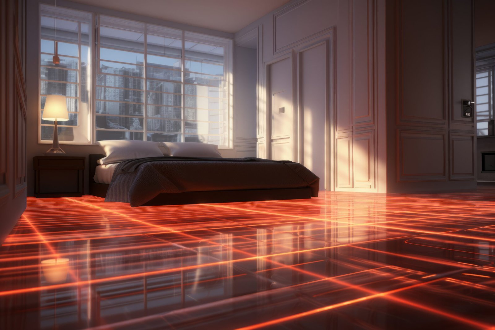 Futuristic bedroom with a glowing grid illustrating eco-friendly underfloor heating