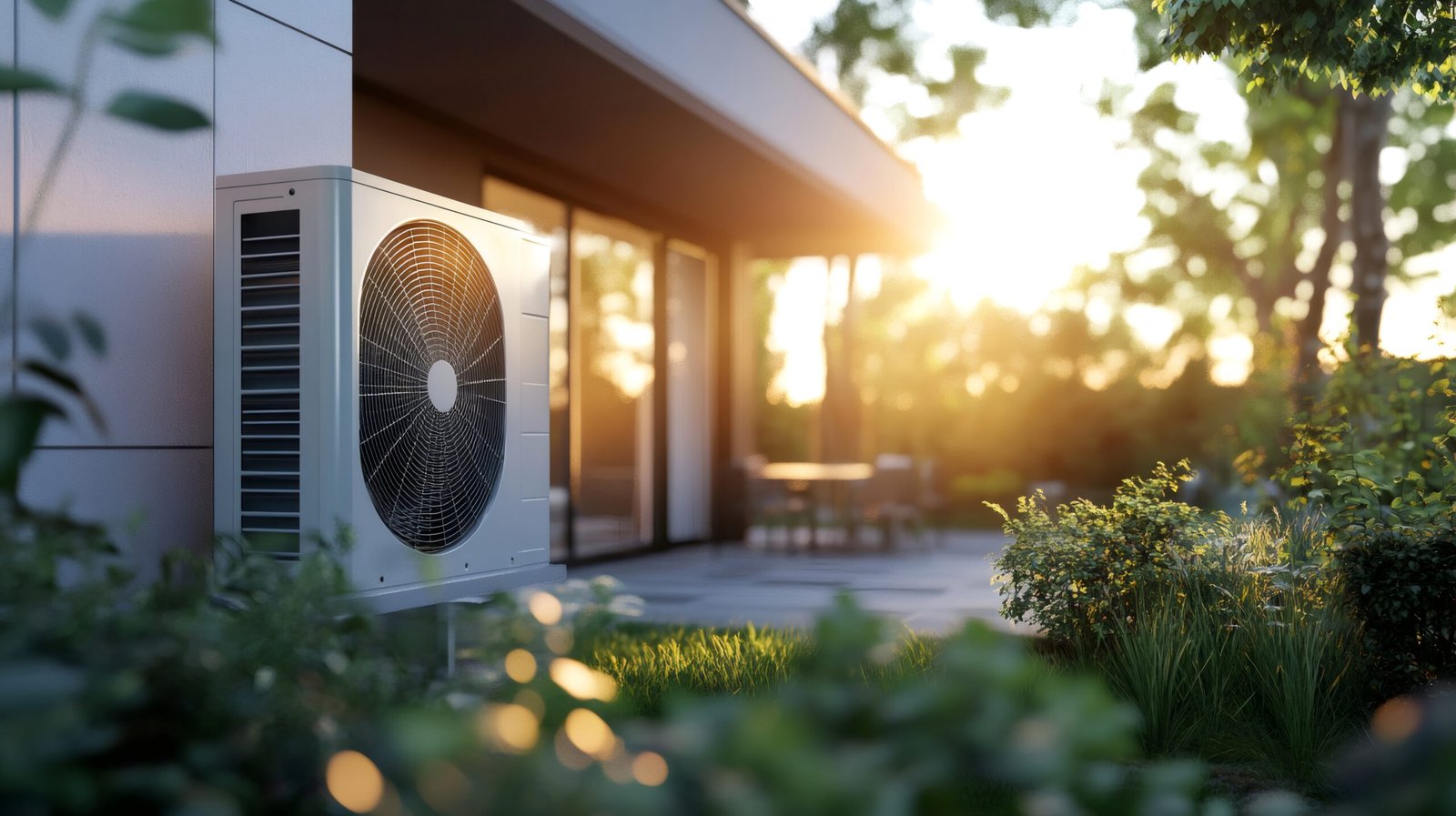 Eco-friendly air source heat pump installed on a modern white house in a sunny green garden